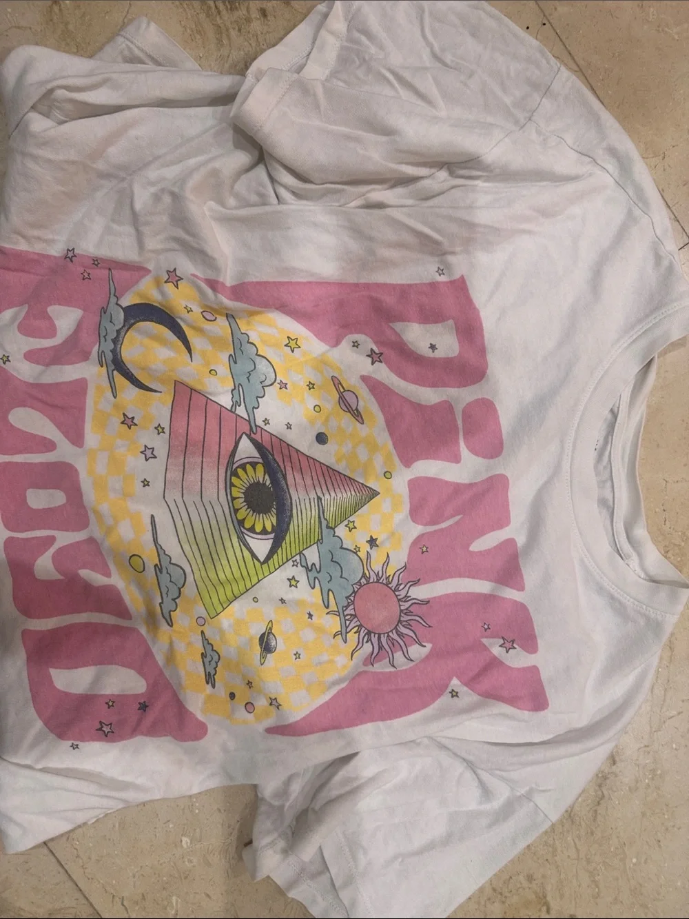 Kids White Graphic Tee with Pink & Yellow Psychedelic Print